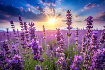 Fototapeta premium A vibrant lavender field stretches out under a breathtaking sunset, the purple flowers creating a stunning and romantic scene