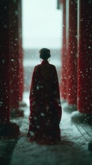 A woman in a red traditional gown stands between red pillars, surrounded by softly falling snowflakes, exuding tranquility.
