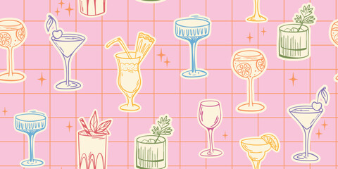 Seamless retro pattern with colorful cocktails on pink grid background