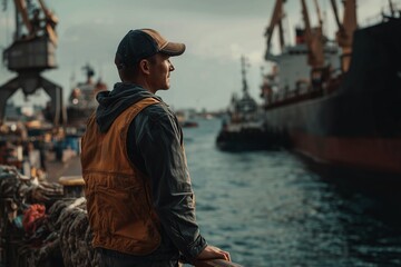 A man wearing a cap and orange vest gazes over a busy industrial harbor with cranes and ships in view.