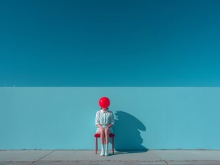 Minimalist surreal photo of a person sitting against a blue wall, head replaced by a bright red balloon.