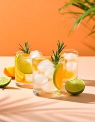 Fototapeta premium Refreshing cocktail with orange, lime, ice, and rosemary in clear glass on peach surface with bold shadows and vibrant summer vibe.