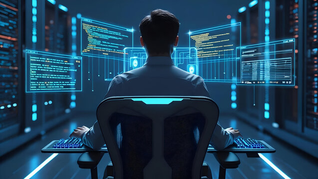 business people on the escalator Futuristic Cybersecurity and AI Technology Concepts – Data Protection, Hacking, and Digital Security"