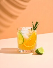 Refreshing cocktail with orange, lime, ice, and rosemary in clear glass on peach surface with bold shadows and vibrant summer vibe.