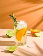 Fototapeta premium Refreshing cocktail with orange, lime, ice, and rosemary in clear glass on peach surface with bold shadows and vibrant summer vibe.