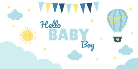Cute boy's birthday banner with sky, clouds and hot air balloon