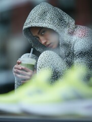 Person in a leopard print hoodie holding a green smoothie, sitting outdoors with a contemplative expression.