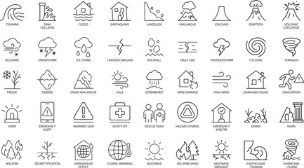 Natural Disasters Line Icons, Vector Illustration