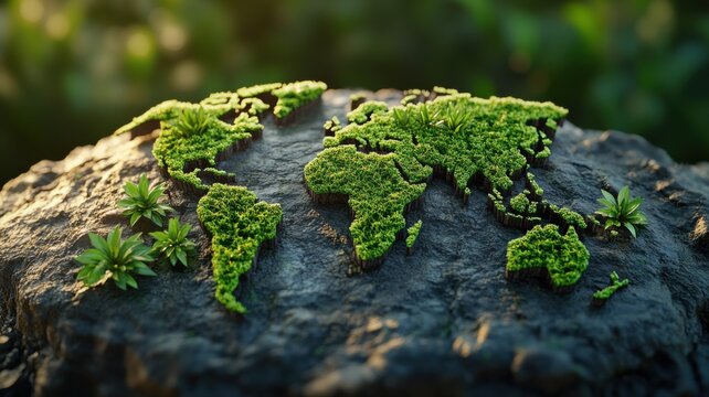 Green World Map Growing on Rock - Environmental Sustainability Concept green sustainability rock art