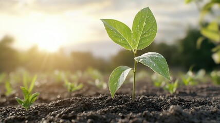 Fototapeta premium Young Plant Seedling Growing in Fertile Soil with Water Droplets at Sunrise seedling plant soil sun