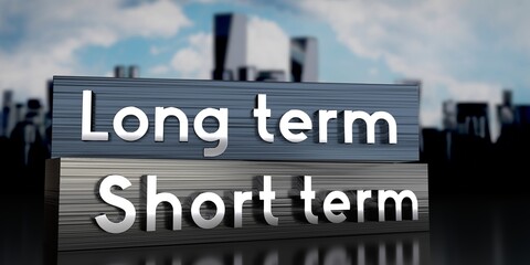 Fototapeta premium Short term, long term - metal blocks and skyscrapers - 3D illustration