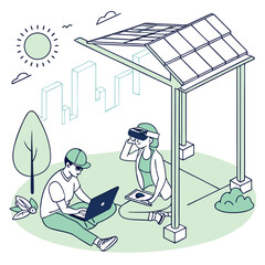People working outdoors with solar panels and vr headset in a minimalist style illustration art