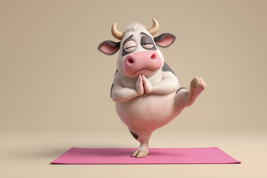 A clumsy 3D cartoon funny cow trying to balance on one leg in a yoga pose