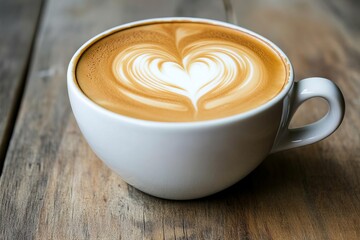 Heart shaped latte art on creamy cappuccino in white cup on rustic wooden table, warm cozy coffee shop atmosphere
