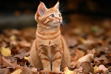 Fototapeta premium Cute orange tabby cat sitting among autumn leaves in soft golden light, calm and curious expression, cozy seasonal outdoor portrait