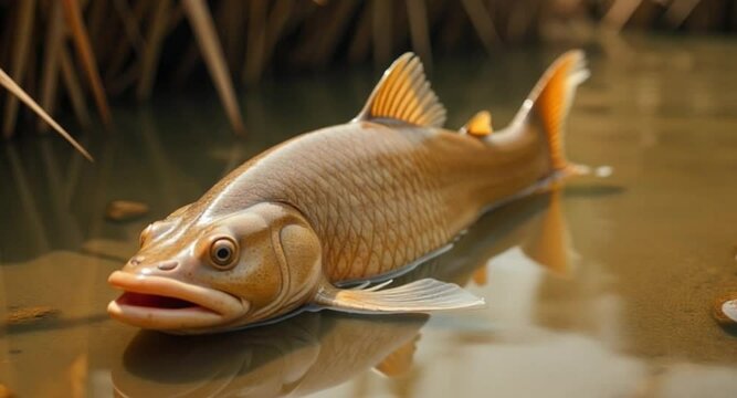 4K UHD cinematic video of Lungfish resting on riverbed Stunning underwater footage with authentic natural river sounds included

