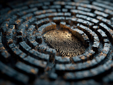 Close-up macro shot of a detailed human fingerprint on industrial background, with subtle color variations and soft shadows, symbolizing identity tracking and personalized ads - AI-Generated