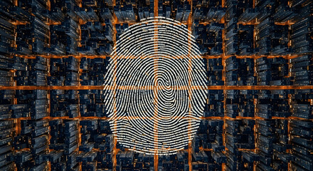 Biometric Fingerprint ID on Futuristic Digital Network Grid Background