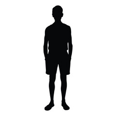 Silhouette of an individual wearing shorts standing upright with hands in pockets