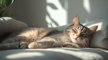 Sleepy cat relaxing on a couch in sunlight