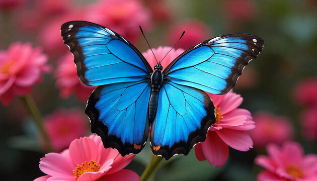 Close Up Of A Bright Blue Morpho Butterfly Resting On Pink Flowers In A Garden Setting In Daylight
