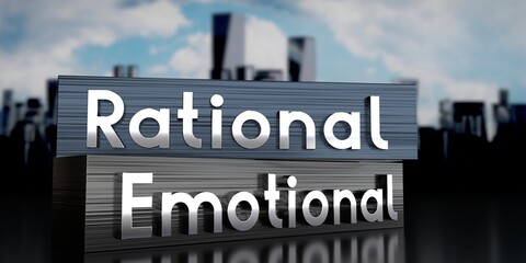 Fototapeta premium Rational, emotional - metal blocks and skyscrapers - 3D illustration