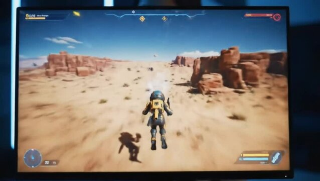 Futuristic desert exploration video game with astronaut character flying across rocky terrain
