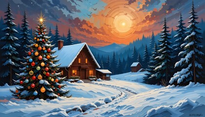 Fototapeta premium Christmas tree with colorful ornaments near wooden cabin in snowy forest at vibrant winter sunset copy space 