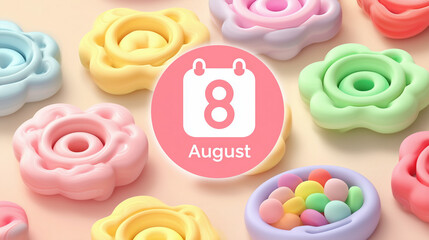 Cute pastel 3D render of August 8 calendar icon representing World Cat Day celebration in soft colorful style