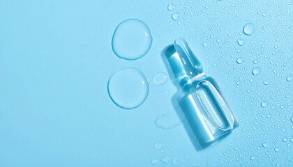 Cosmetic injection ampoule displayed on blue moisture backdrop. Dermatology treatment.