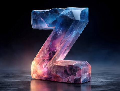 A 3D, crystalline, stylized Arabic numeral Z representing the digit 1, resembling a glowing cosmic ice sculpture, ascending over a black background - AI-Generated - Powered by Adobe