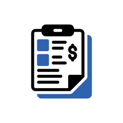 Illustration of financial document icon for accounting and budget with dollar sign and clip board in blue and black color vector