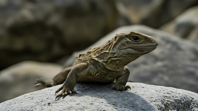 Tuatara Lizard Resting on Rock in Natural Wildlife Scene
