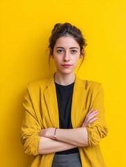 Portrait of a confident young woman with folded arms in a yellow blazer against a vibrant yellow background.