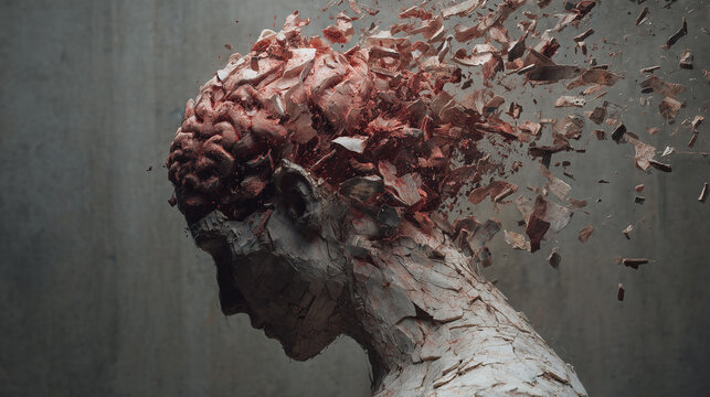 Clay-textured human head with brain exploding into fragments