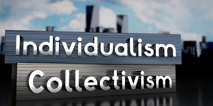 Individualism, collectivism - metal blocks and skyscrapers - 3D illustration