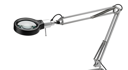 Magnifying glass lamp shines on black background, illuminating details with clarity, precision tool