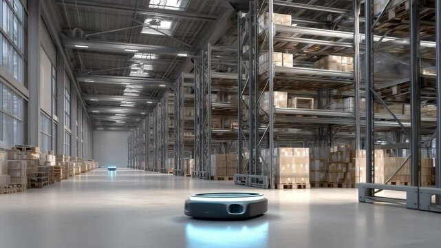 近未来的な広大な倉庫で自動ロボットが作業する風景