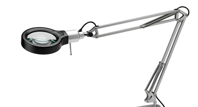 Magnifying glass lamp shines on black background, illuminating details with clarity, precision tool