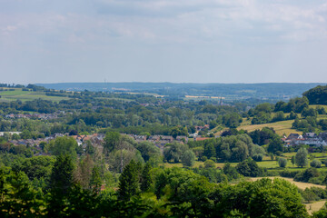 Summer landscape, The terrain of Schaesberg (mountain) with a small town villages and houses on hillside, A hamlet in the Dutch province of Zuid-Limburg, Valkenburg aan de Geul and region, Netherlands