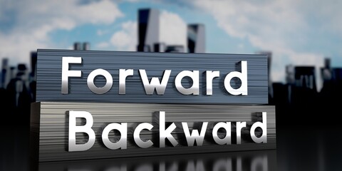 Fototapeta premium Forward, backward - metal blocks and skyscrapers - 3D illustration