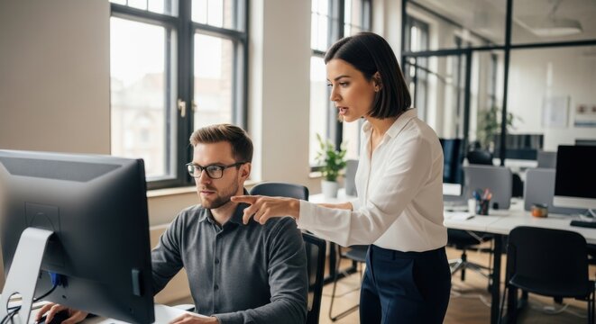 Colleagues working together on a computer in the office environment
