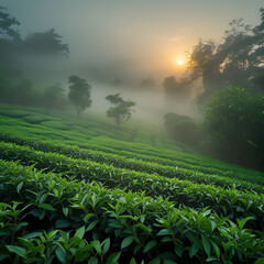Misty fog encircles a lush green tea plantation.