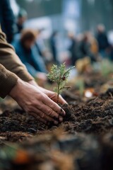 Close-up of hands planting a small tree in soil during a community tree-planting event to promote environmental conservation.