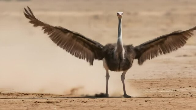 Ostrich Running in Dusty Savannah with Wings Spread Wide
