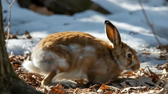 Snowshoe Hare in Winter Forest with Thick White Fur