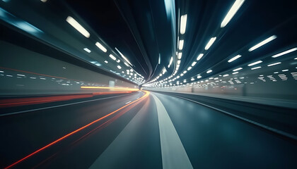 Abstract view of a road tunnel with lights, traffic and motion blur effect