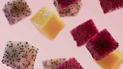 Diced white pink dragon fruit and yellow mango pieces floating against a light pink background - Powered by Adobe