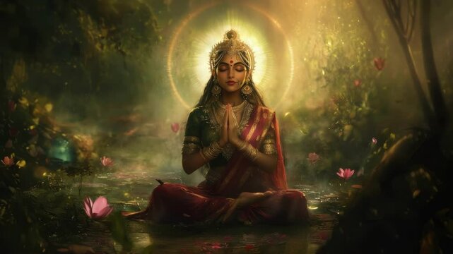 Hindu goddess Parvati depicted in traditional attire with divine expression and symbolic elements
