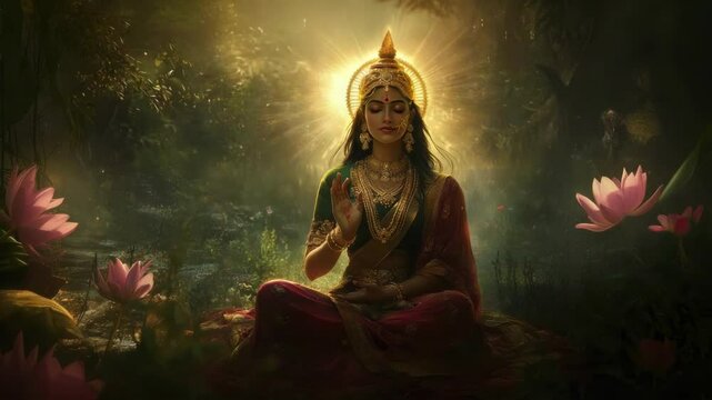Hindu goddess Parvati depicted in traditional attire with divine expression and symbolic elements